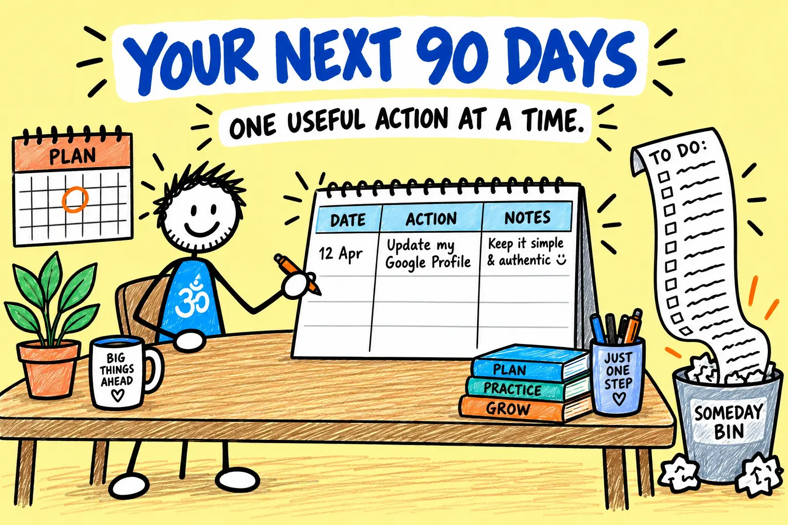 Matti records one useful marketing action in a simple 90-day tracker.