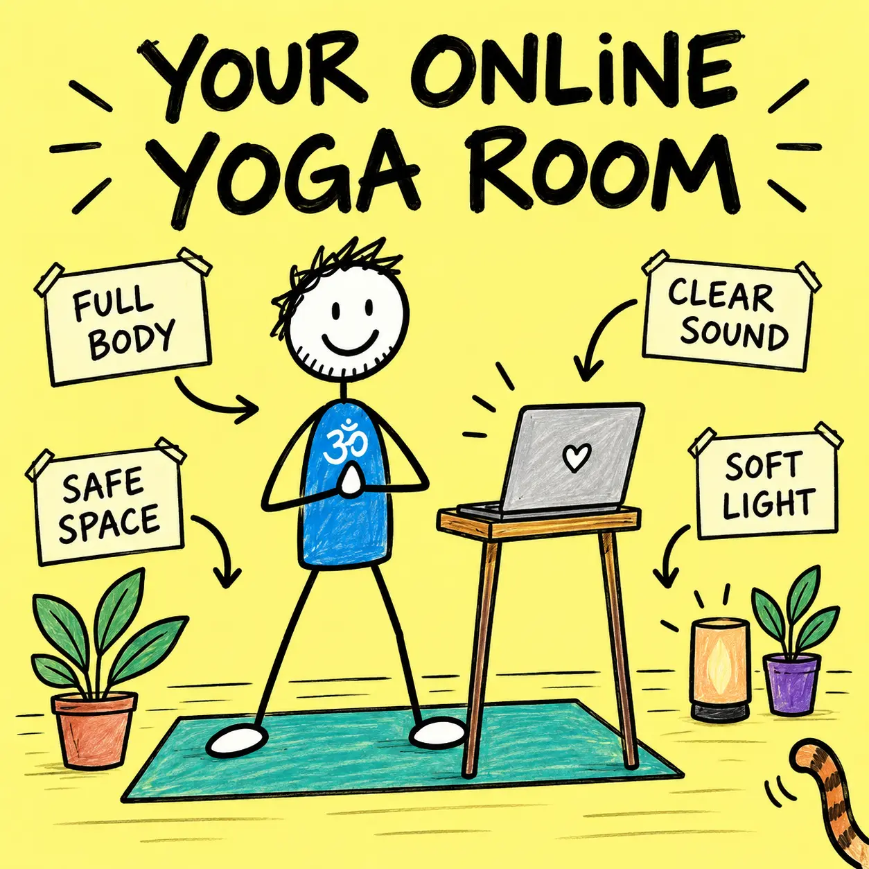 Matti sets up an online yoga teaching space with full-body framing, clear sound, soft light and safe space.