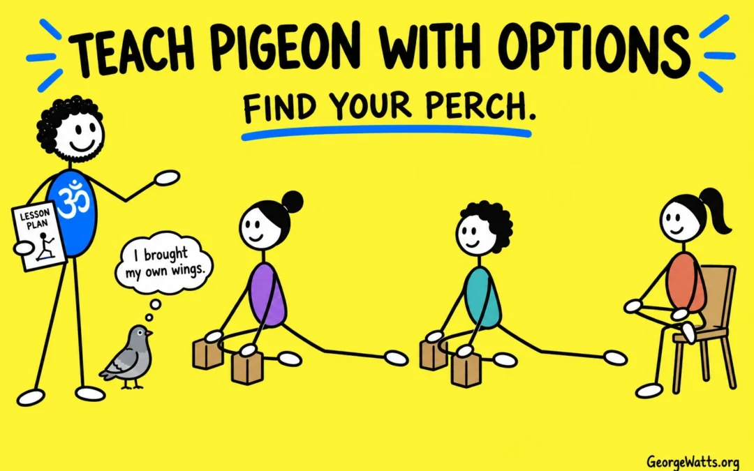 Pigeon-themed yoga teaching doodle with colourful stick figures.