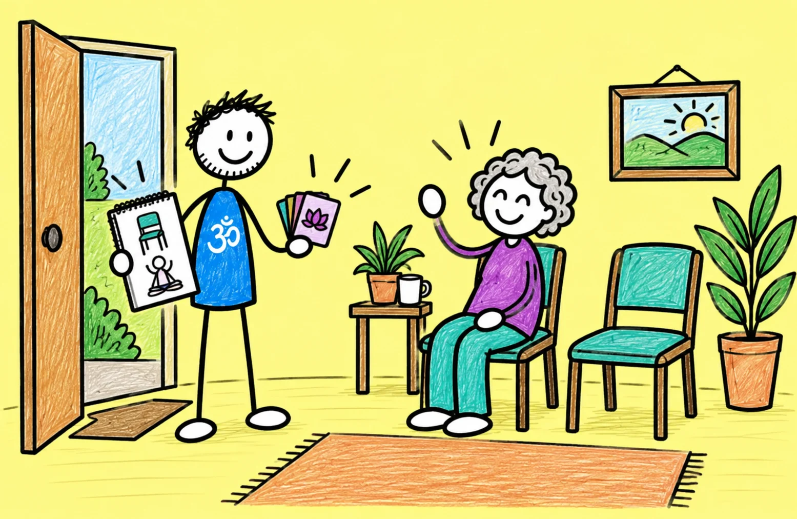 George arrives at an older student's venue with a chair yoga lesson plan and card deck