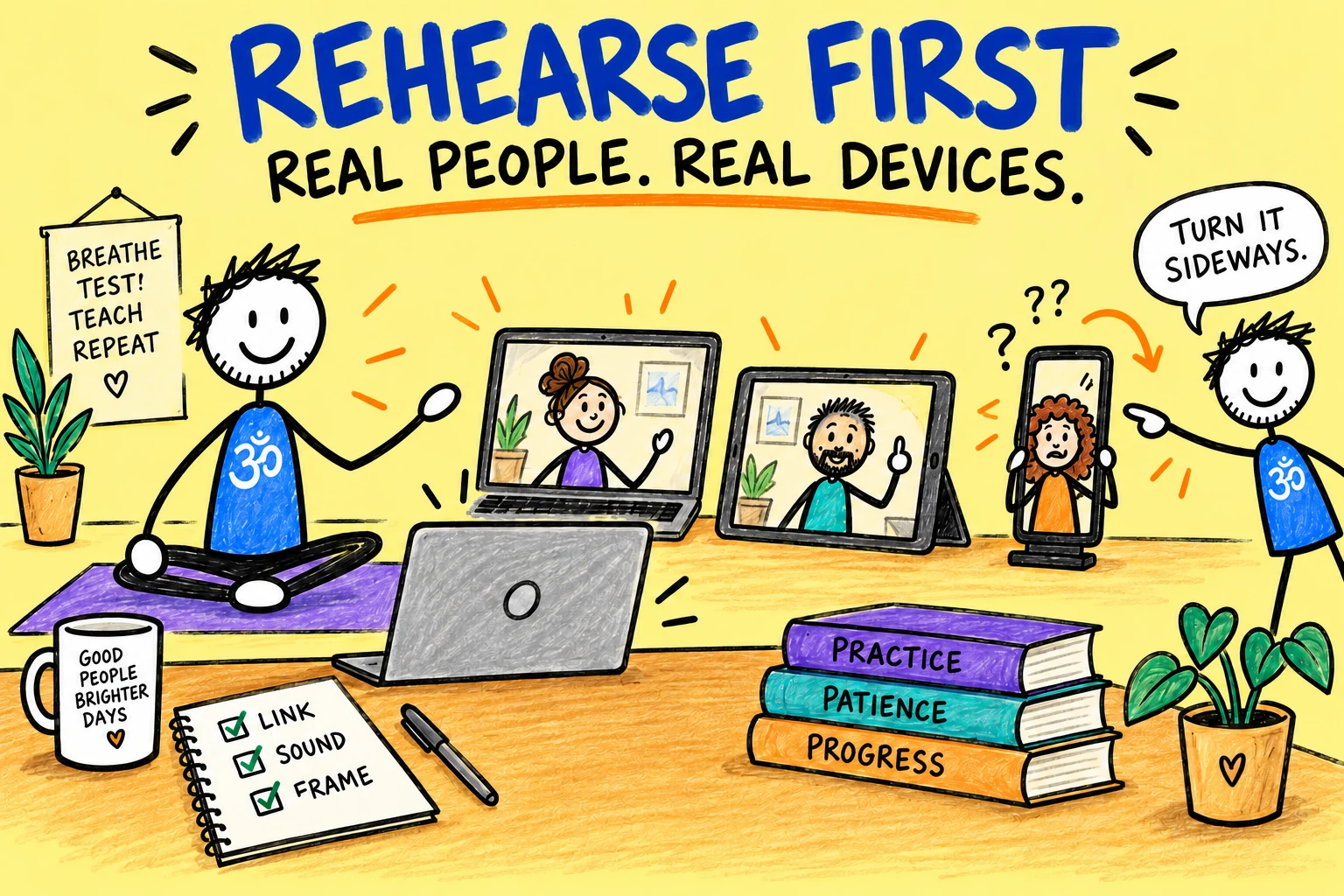 Matti rehearses an online yoga class with adult helpers using a laptop, tablet and phone.