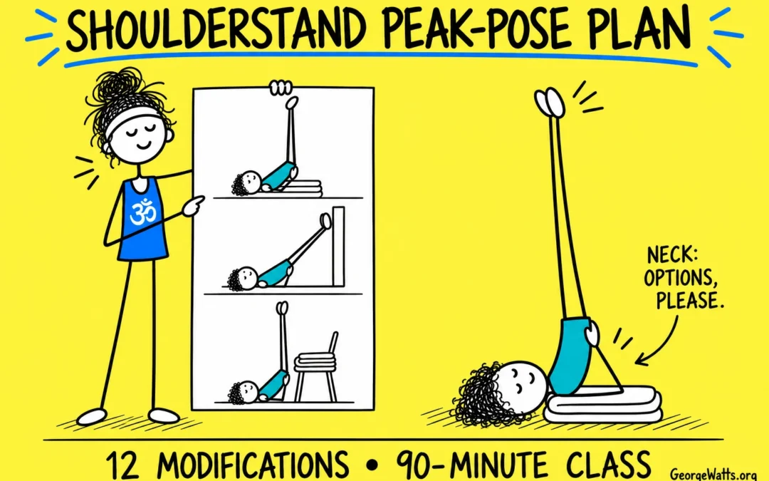 Stick-figure teacher showing Shoulderstand modifications beside a supported Shoulderstand student.