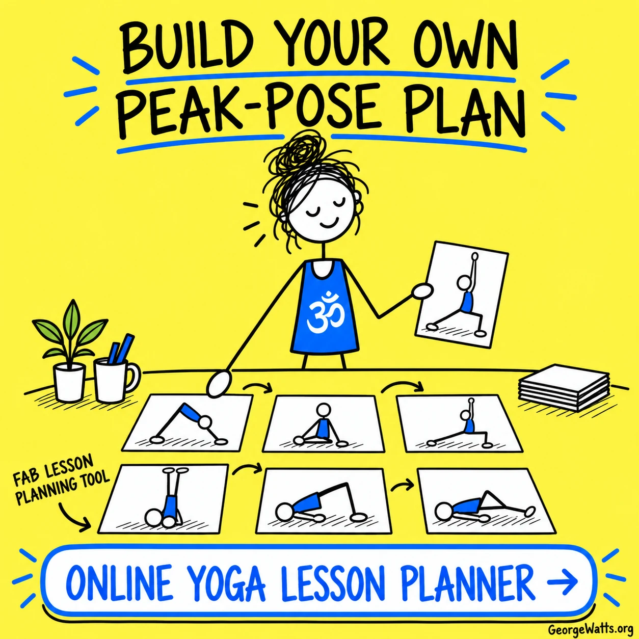 Hand-drawn peak-pose planning desk with a clear Online Yoga Lesson Planner button.