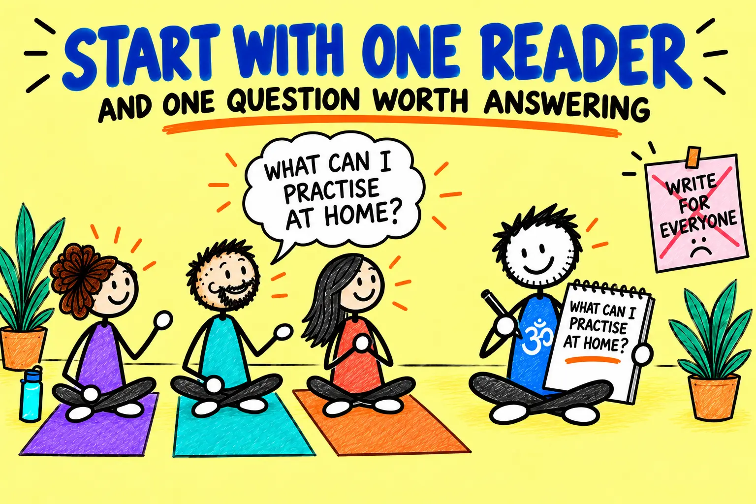 Matti listens to three adult yoga students and starts a useful yoga eBook with one reader and one question worth answering.
