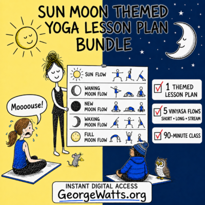 Yoga teacher showing a Sun and Moon lesson plan to two students in a split hot-day and cold-night doodle