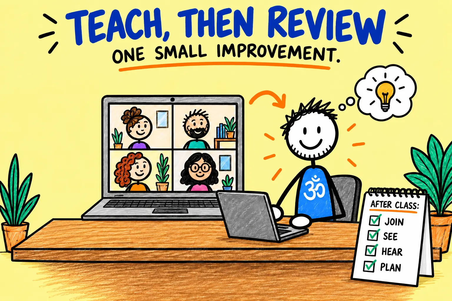 Matti teaches adult students online and reviews what to improve after the class.