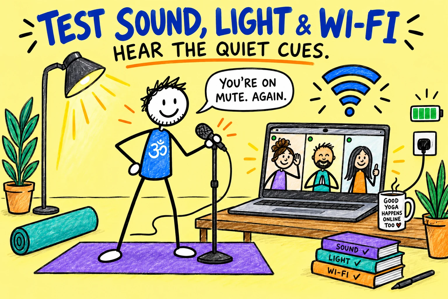 Matti tests the microphone, front lighting and Wi-Fi for adult online yoga students.
