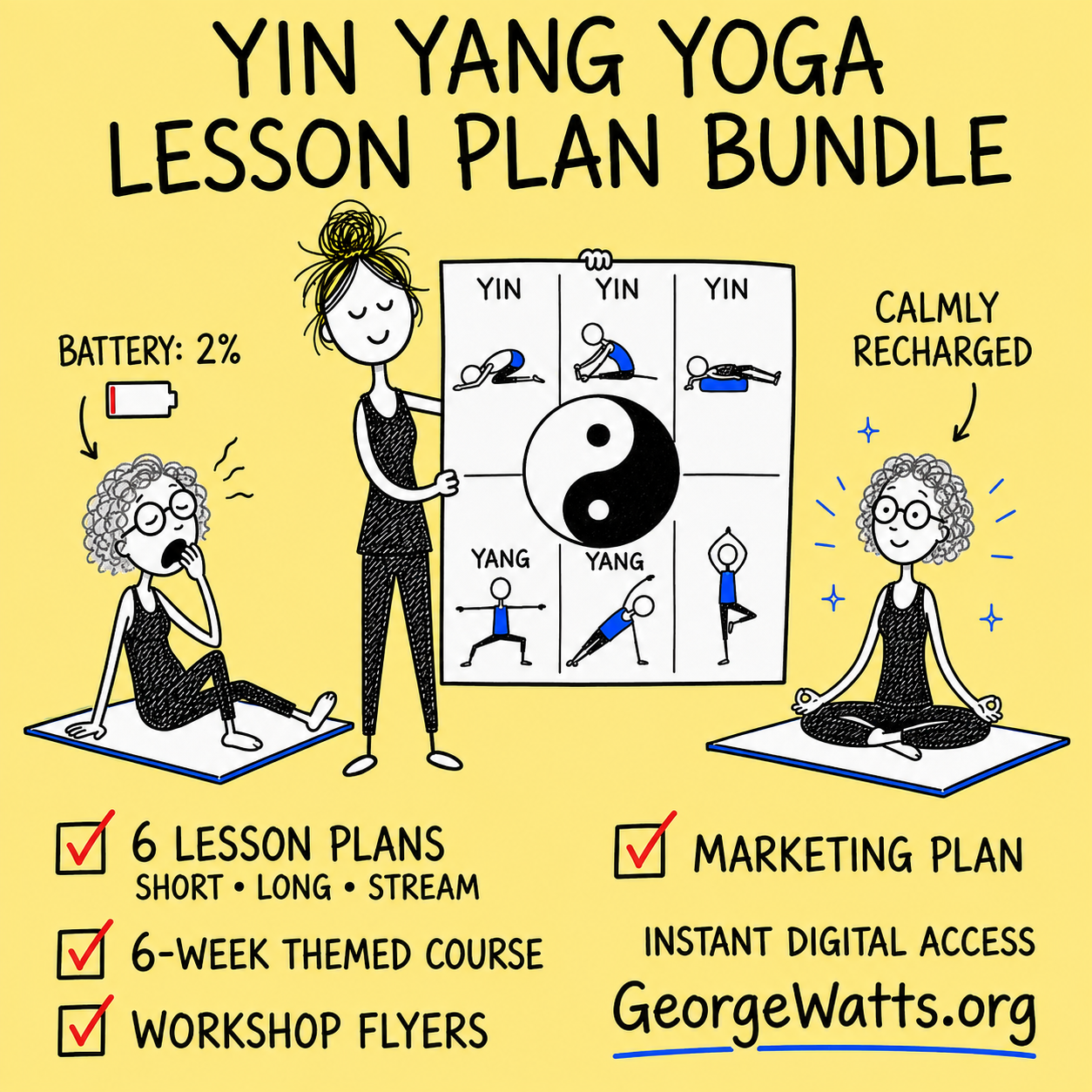Yoga teacher showing a Yin Yang lesson plan with a tired and calmly recharged adult student