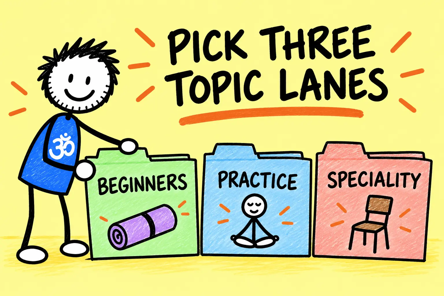 Matti organises a yoga teacher blog into three repeatable topic lanes.