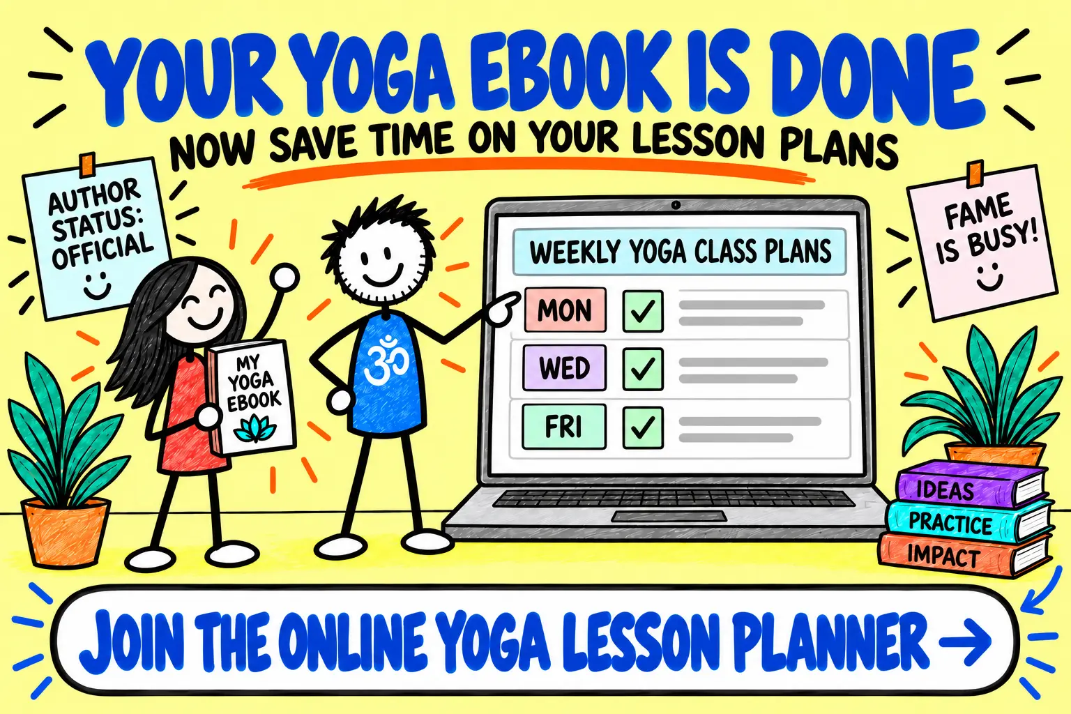 Matti congratulates a yoga teacher who has finished her yoga eBook, then points to the Online Yoga Lesson Planner as a way to save time planning her weekly classes.