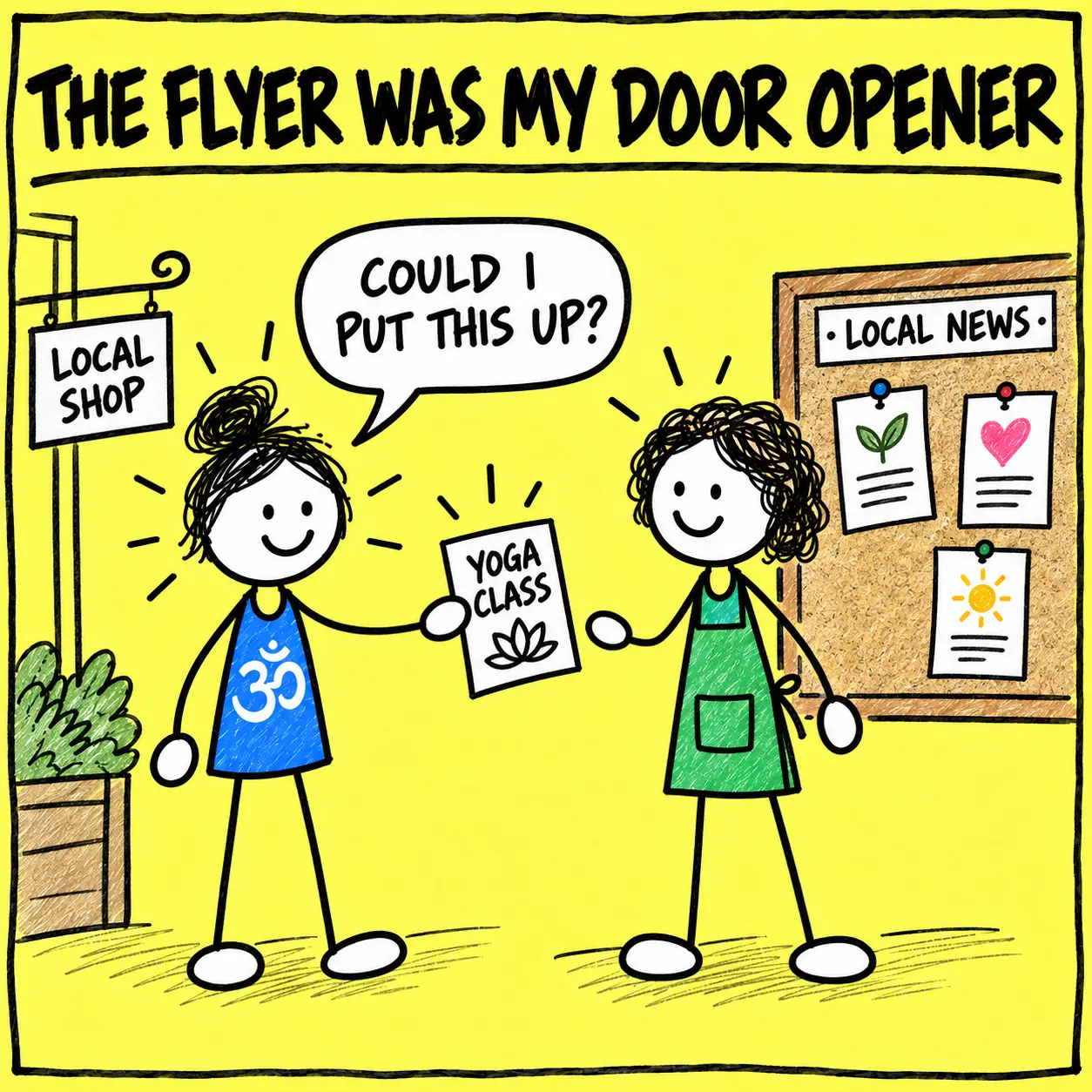Stick-figure yoga teacher asks a local shop owner if she can display a yoga class flyer.