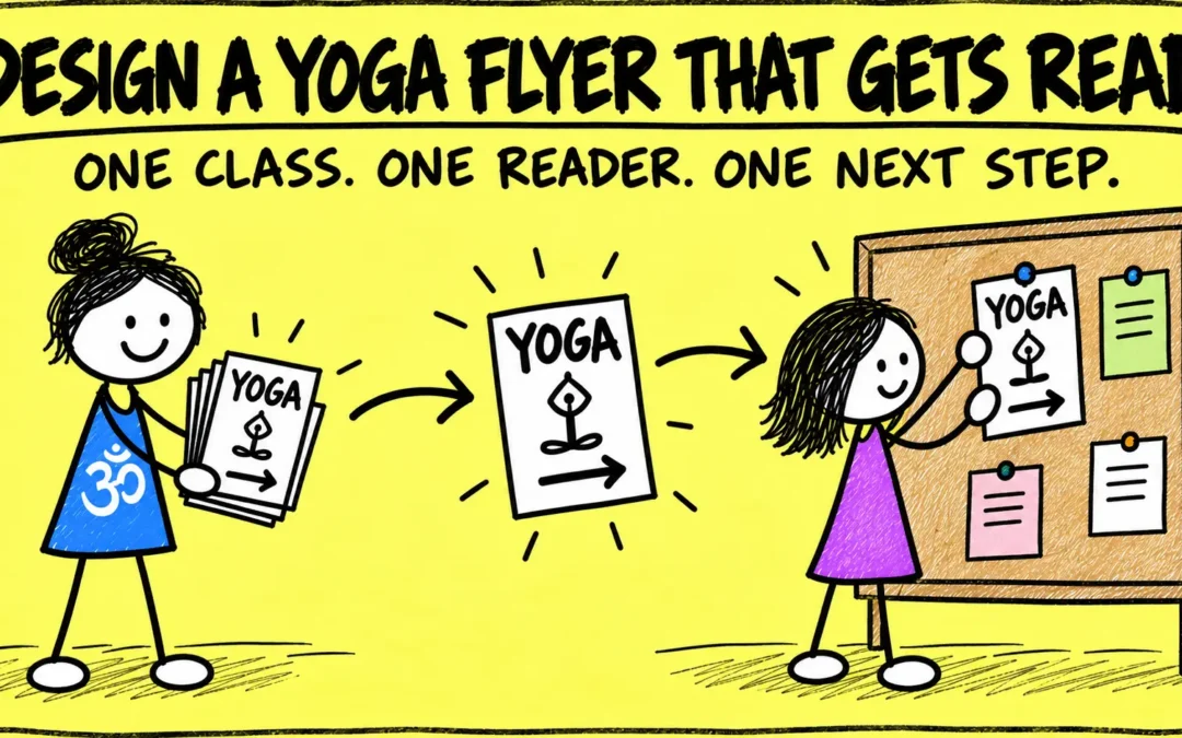 Stick-figure yoga teacher hands a yoga class flyer to a local business owner who pins it to a noticeboard.