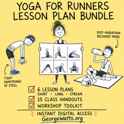 Yoga For Runners Lesson Plan Bundle with six plans, a runner with tight hamstrings and a runner in post-marathon recovery mode