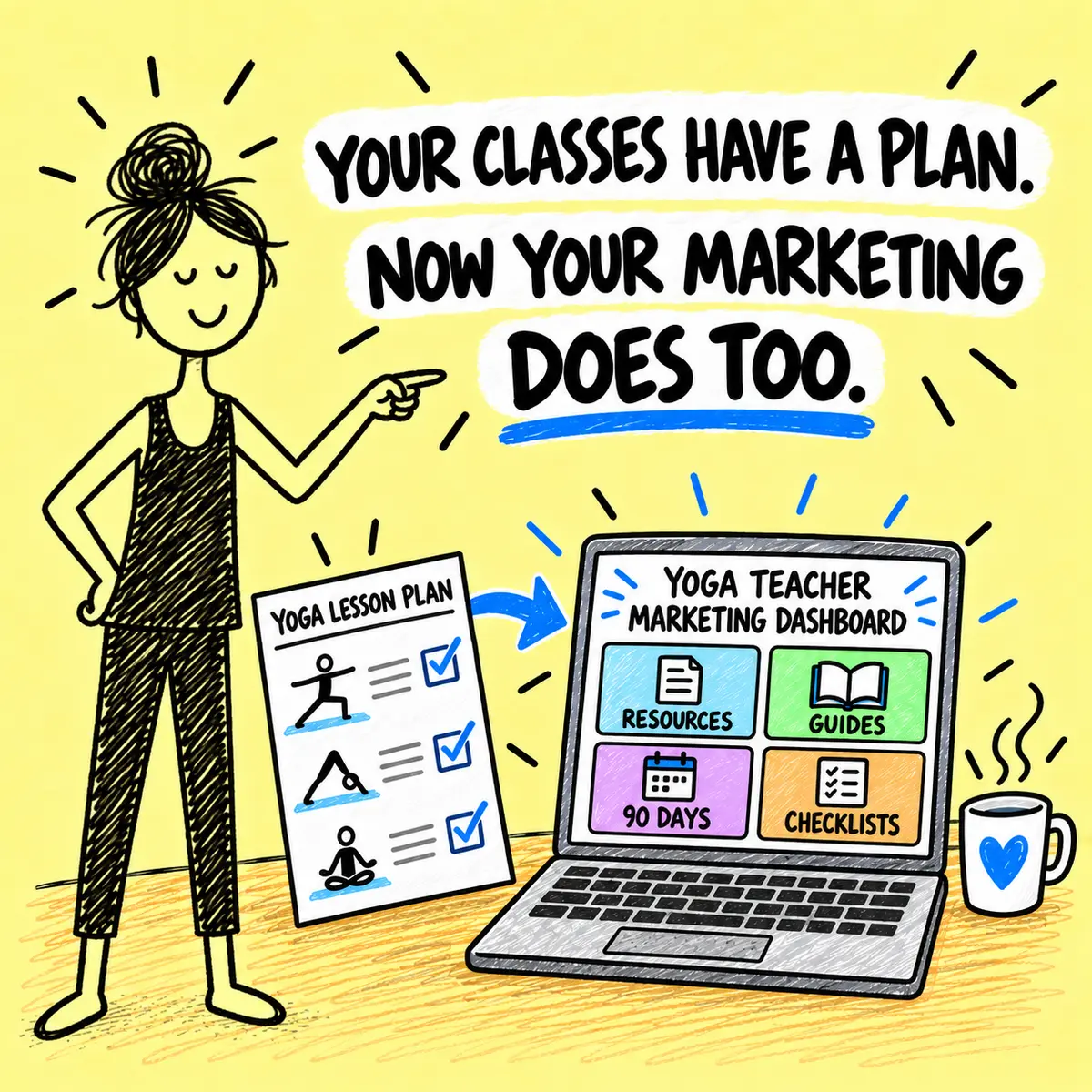 Female yoga teacher pointing from a yoga lesson plan to the Yoga Teacher Marketing Dashboard