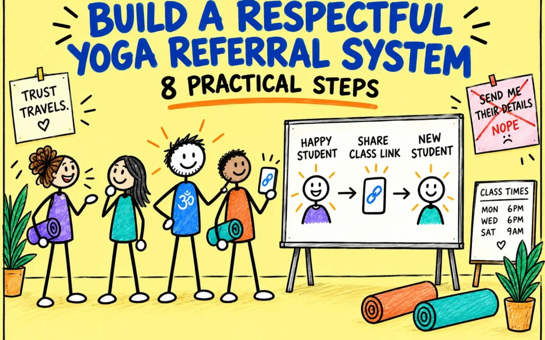 Matti and yoga students map a respectful referral journey from happy student to shared class link and new student.