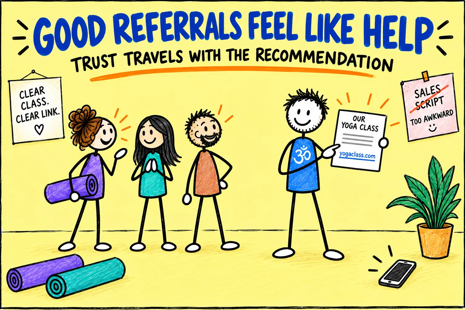 Matti shows yoga students a clear class link while a friendly recommendation travels without a sales script.