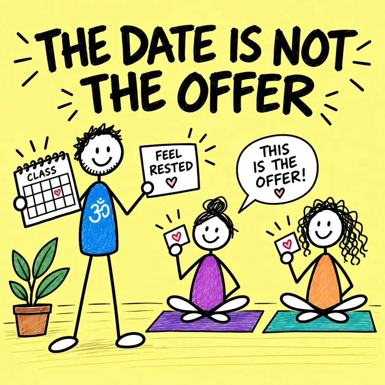 Matti showing adult stick-figure yoga students that the retreat date is not the complete offer.