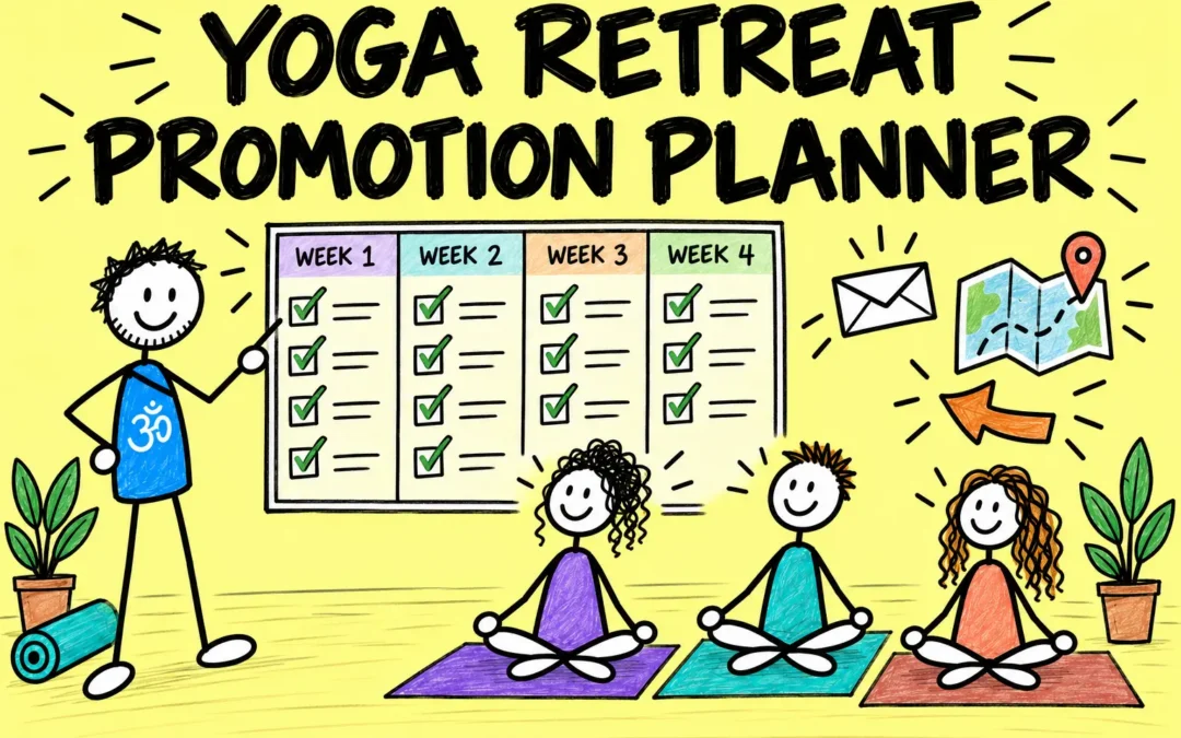Matti presenting a four-week yoga retreat promotion planner to three stick-figure yoga students on colourful mats.