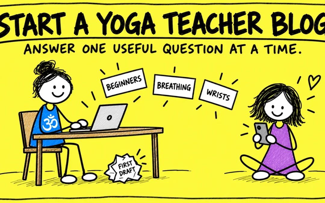 Yoga teacher writes a helpful blog post while a student reads it on a phone.