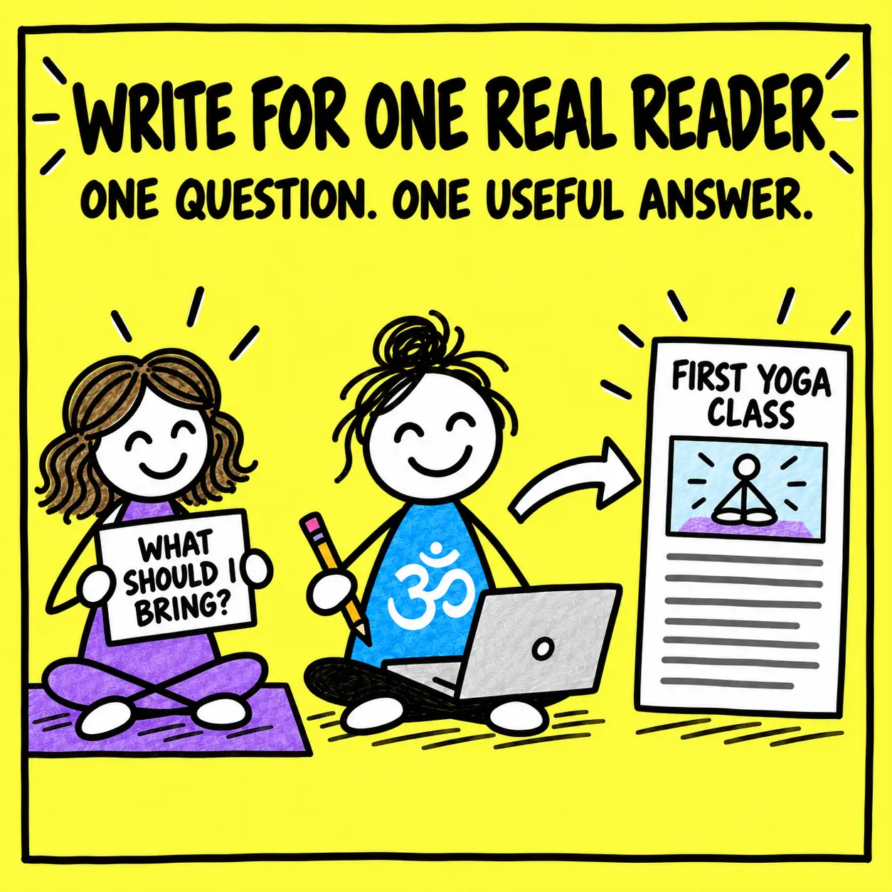 Yoga teacher turns one student's question into a useful first-yoga-class article.