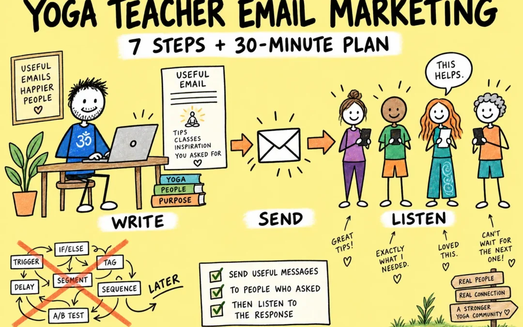 Matti writes and sends a useful yoga email, then listens to replies from adult subscribers.