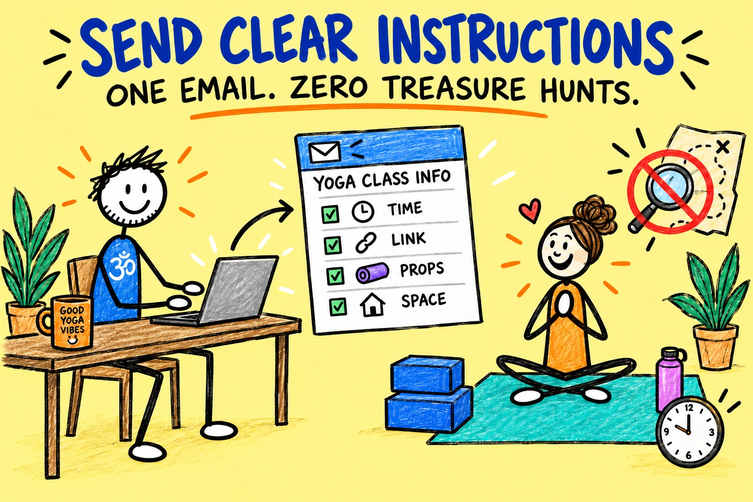 Matti sends one clear yoga class email covering the time, link, props and space.
