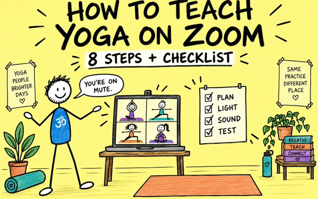 George teaches a Zoom yoga class beside a checklist for planning, lighting, sound and testing.